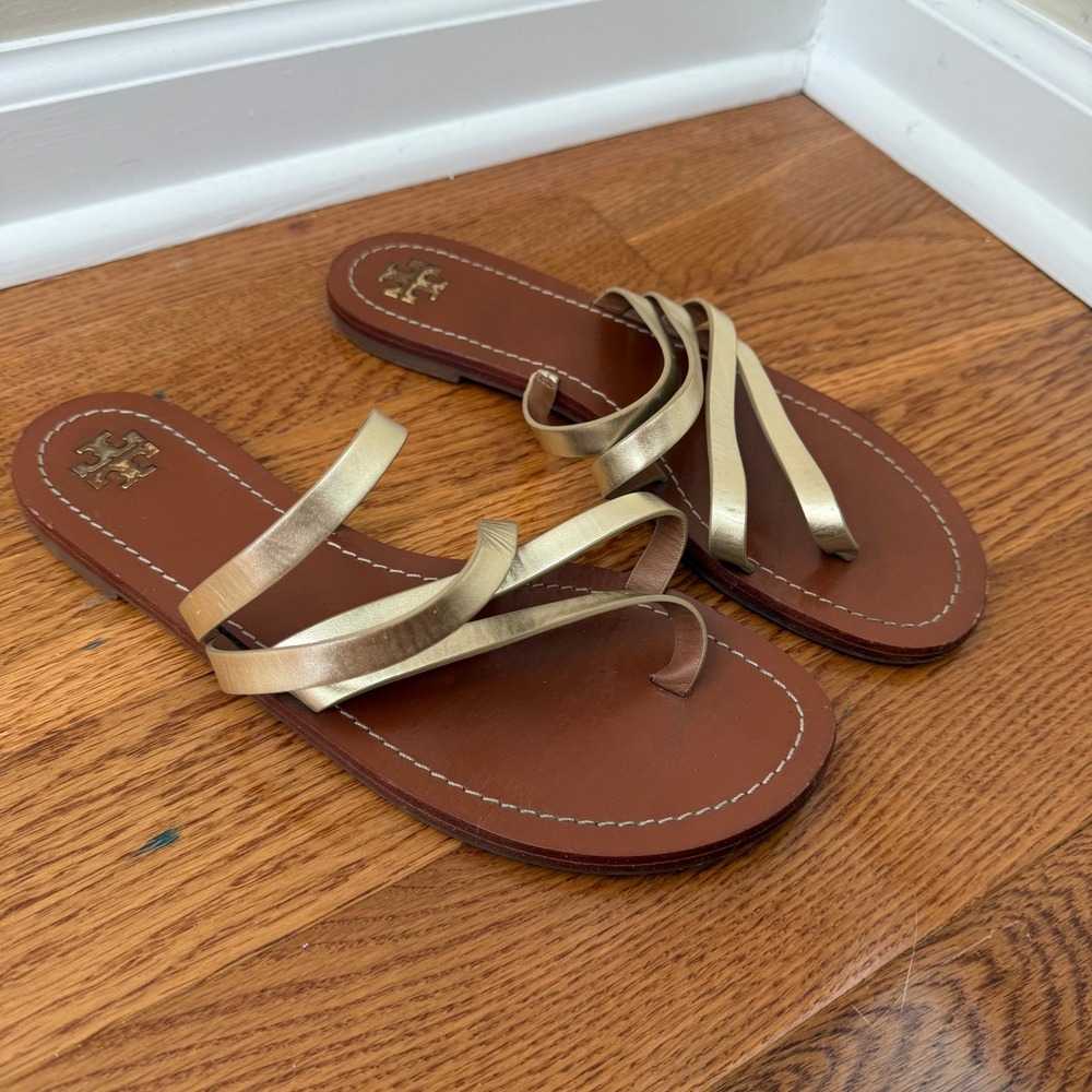 Tory Burch Metallic Gold Strappy Leather Toe Loop Slide Sandals 9.5M